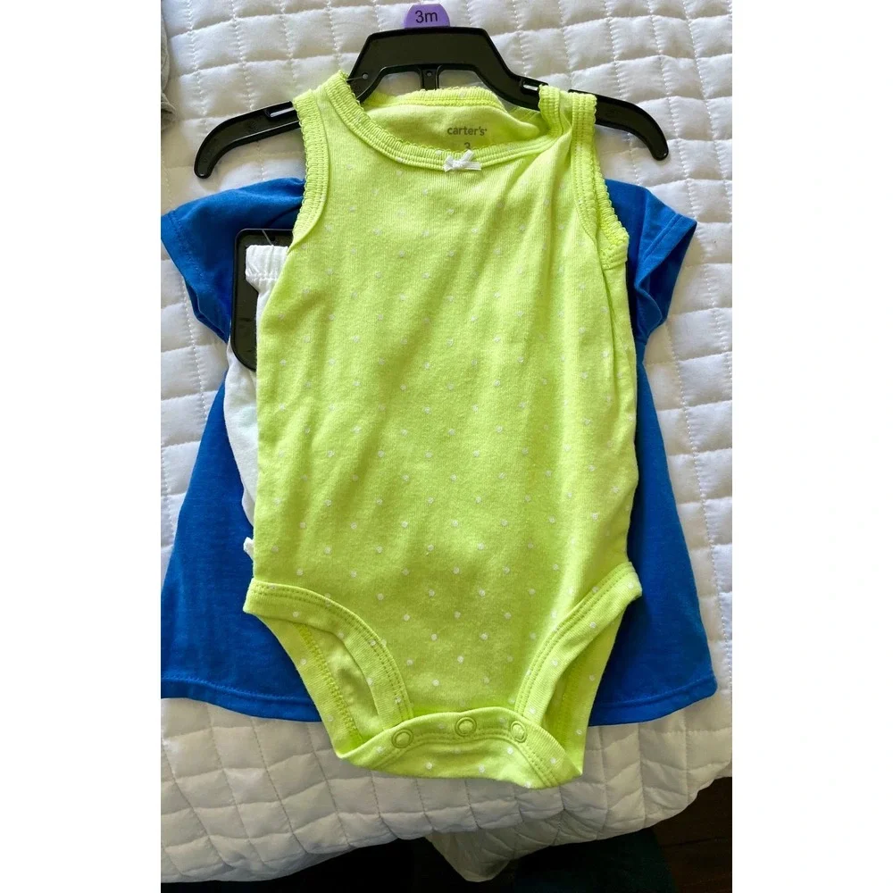 Carters Baby Girls 3 Piece Set Blue Floral Top Lime Polka Dot Bodysuit Shorts 3M